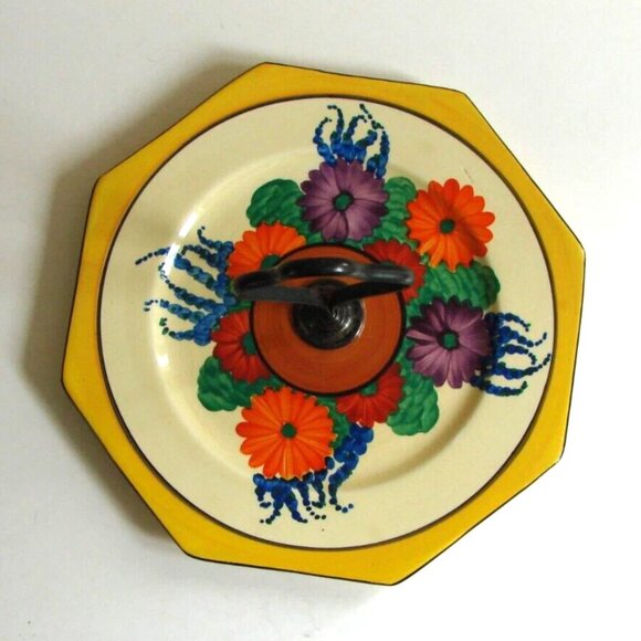 Clarice Cliff Gayday Octagonal 7.5" Cake Plate with Handle Floral 1930s Antique - Picture 3 of 11